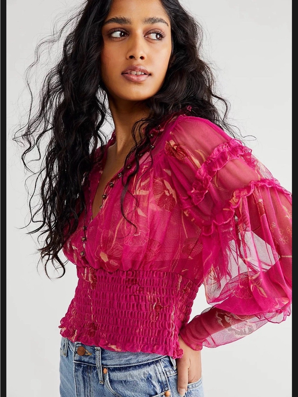 Free People Time For Shine Fuchsia Floral Sheer Smocked Blouse Size Medium